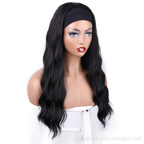Long black deepwave curly inch good cheap wholesale synthetic headband attached grip wigs black wowen braizilian